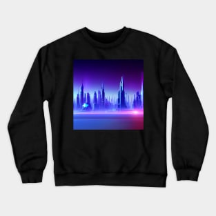 Ai Generated Art Scenery - Futuristic City Skyline With Neon Blue Illuminated Buildings Crewneck Sweatshirt